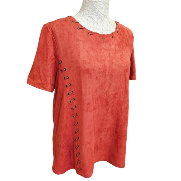 Anthropologie Moon River Boho Deep Orange Faux Suede Short Sleeve Top Medium - Picture 3 of 12